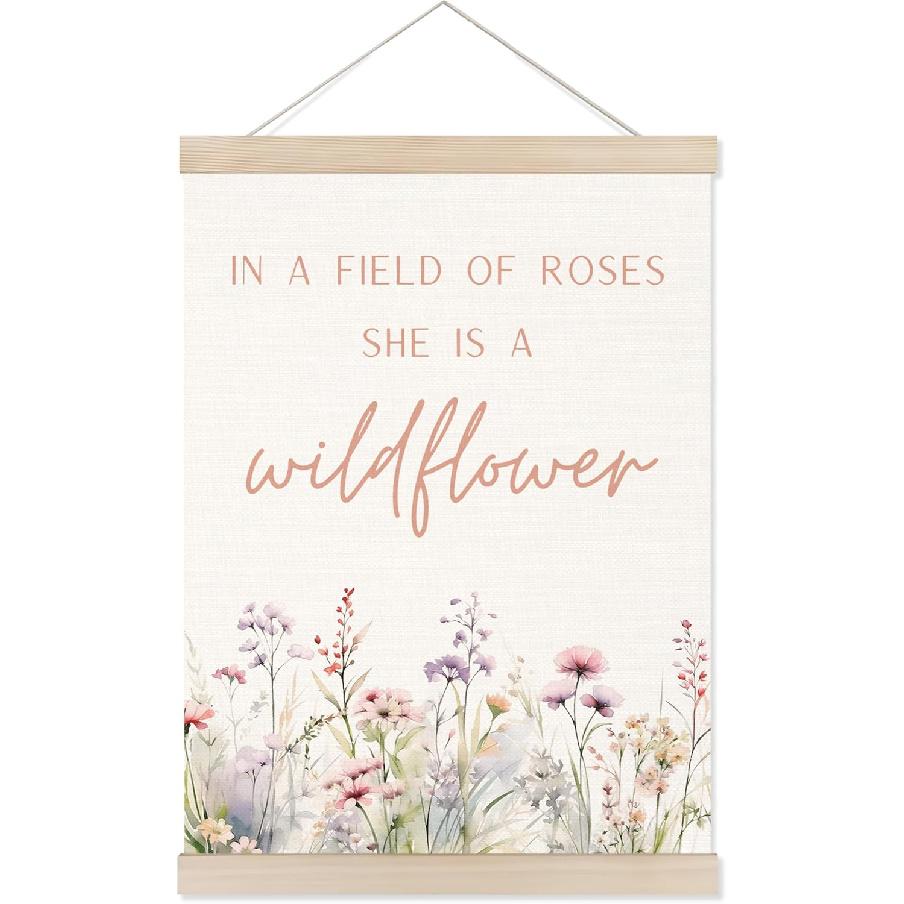 Welshower Boho Floral Girl Nursery Poster Hanger Frame, Wildflower Nursery Decor, in a Field of Roses She Is a Wildflower Wall Art Prints Decor for