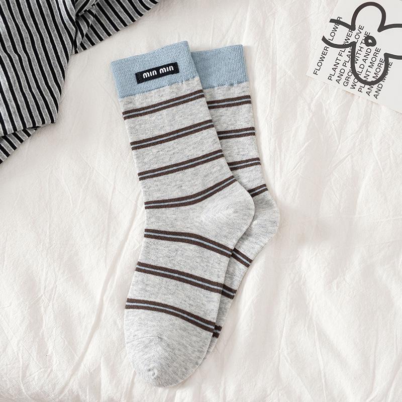 Damen Gestreifte Mid-Calf Socken - Frühling/Herbst Baumwolle, Miu Stil, Koreanisch & Japanisch Sport Kniehoch Trend