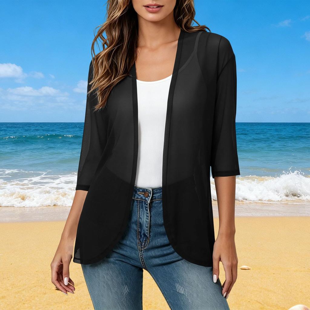 Women's Linen Cardigan With 3/4 Sleeves, Loose Fitting Hood, Shawl Jacket