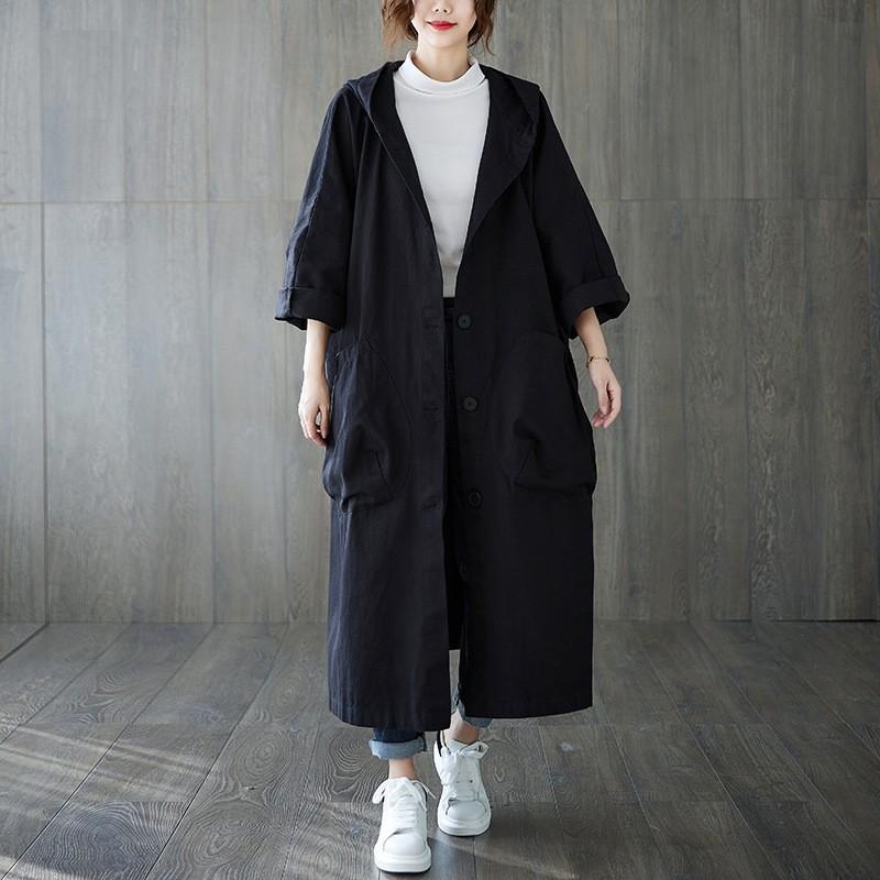 Autumn New Literary Loose Large Size Knee Long Big Pocket Trench Coat Women's Hooded Commuter Casual