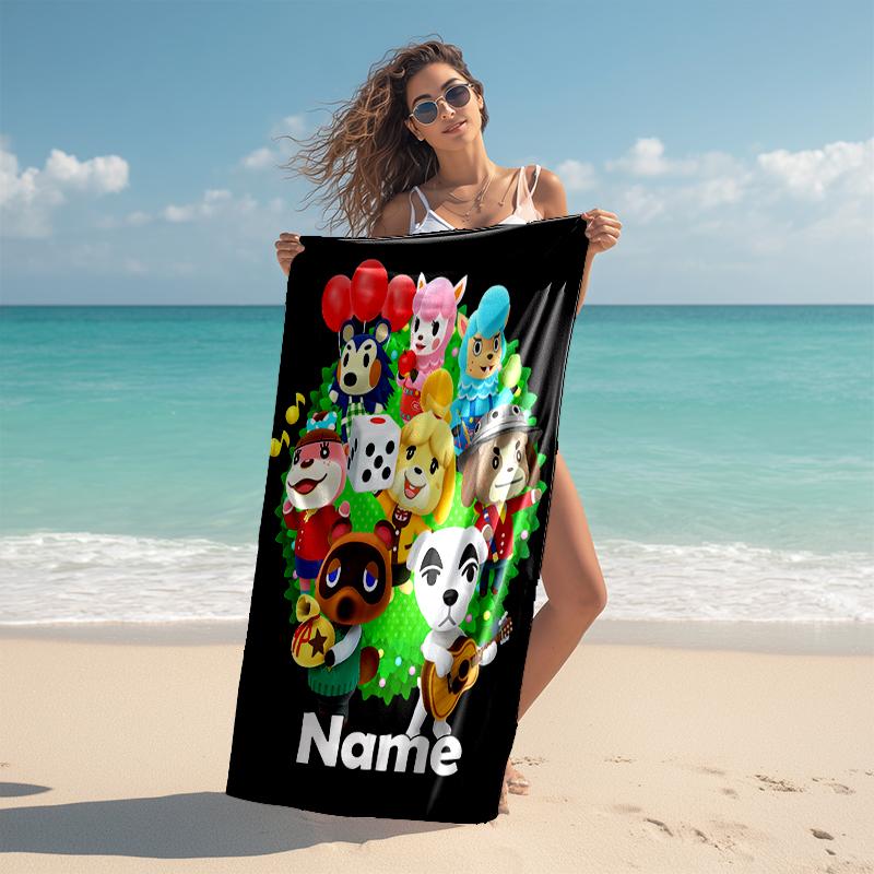 Personalized customized proof beach towel with Animal Crossing pattern - soft, absorbent, quick-drying, perfect swimming, camping&bathing