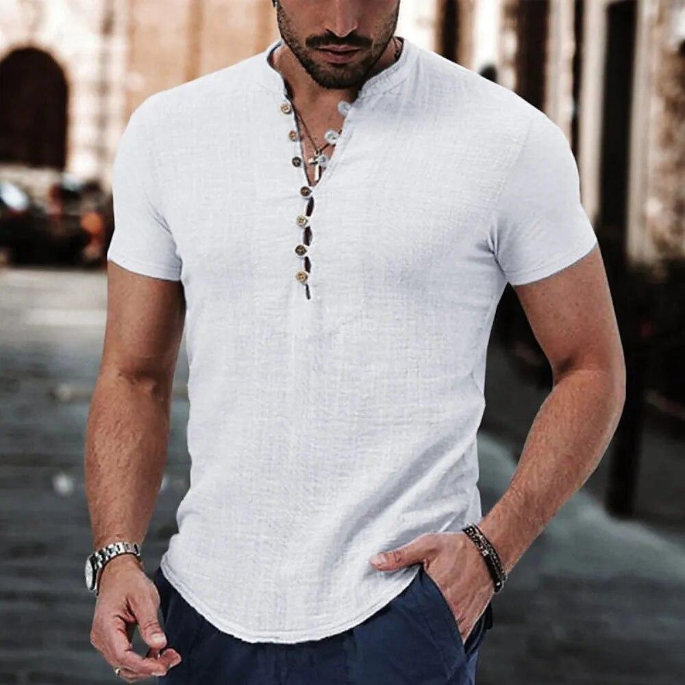Nova Camiseta Masculina de Manga Curta com Botões Camisa de Algodão Linho Roupas Casuais Masculinas Tops Populares para Homens