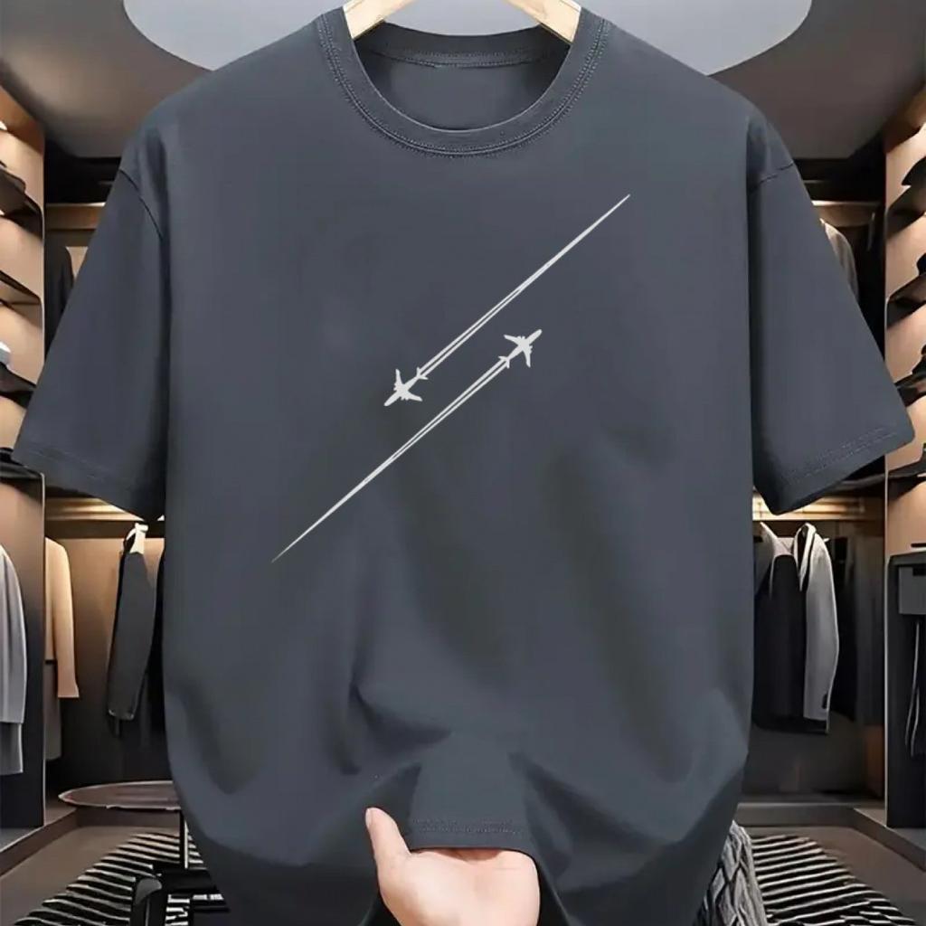Unisexs summer 100 pure cotton airplane flight track printed fashionable and casual loose round neck short sleeved Tshirt top