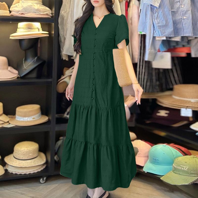 

ZANZEA Женское элегантное повседневное платье с V-образным вырезом, вышивкой, крючком, пэчворком и короткими рукавами 4XL зелёный