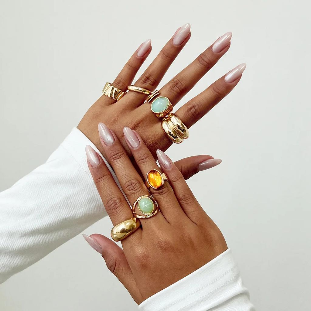 7Pcs/Set Elegant Vintage Colorful Rhinestone Luxury Irregular Rings Set for Women Bohemian Adjustable Ring 2025 New Jewelry