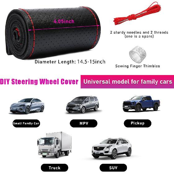 Ziciner Genuine Leather Steering Wheel Cover, Stitch On Wrap, Breathable Anti-Slip Car Steering Wheel Protector For Max Diameter 15 Inch, DIY Sewing