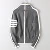 College-Style Cardigan for Men and Women, Four-Stripe Knit Sweater, Thickened for Warmth, Convertible High Collar, Long-Sleeve Sweater Jacket