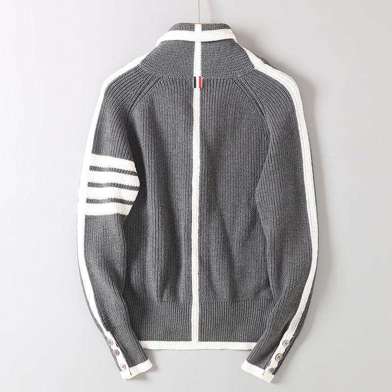College-Style Cardigan for Men and Women, Four-Stripe Knit Sweater, Thickened for Warmth, Convertible High Collar, Long-Sleeve Sweater Jacket