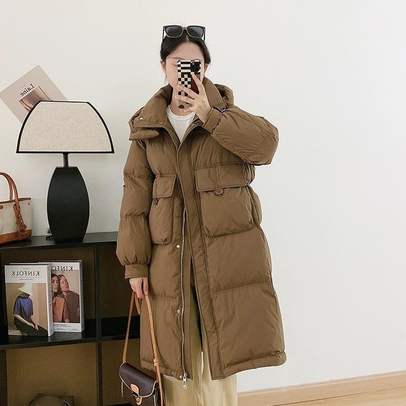 Down jacket women's 2024 new long over-knee thickened large pockets hooded loose casual trendy coat
