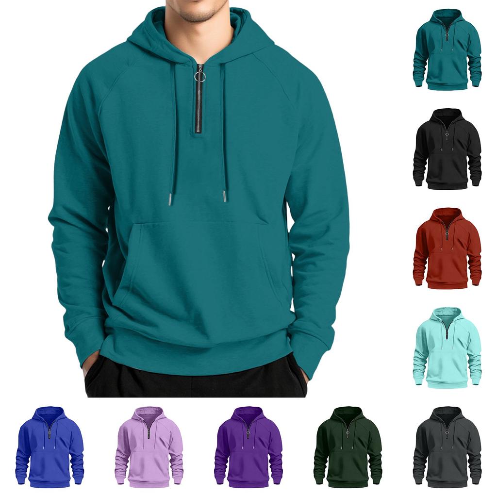 Pánská fleecová mikina s kapucí, ležérní pulovr s dlouhým rukávem na 1/4 zip