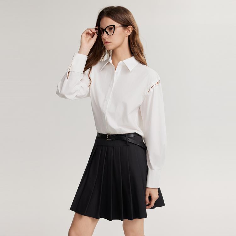ELLE French Design Pleated Shirt Dress With Hollow Long Sleeves Women dresses Dark-Gray EL49468