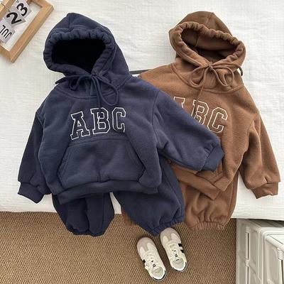 Children's Fleece Suits Insulated Baby Boy Winter Clothes Sets Letters Pullover Hoodie Sweater Top Pants Outfit Girl Tracksuit