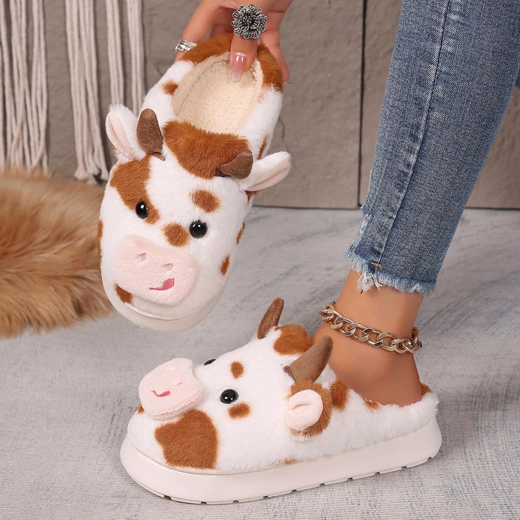 Fashion New Winter Unisex Cartoon Cow Warm Plush Slippers Couple Indoor Non-slip House Slides Men And Women Toe Wrap Home Cotton Shoes