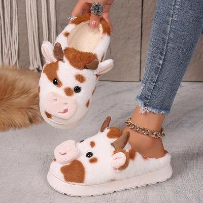Unisex Cartoon Kuh Warme Plüsch Hausschuhe 2025 Neu Paar Indoor Rutschfeste Hausschuhe Herren Damen Zuhause Baumwollschuhe Pantoletten Damen