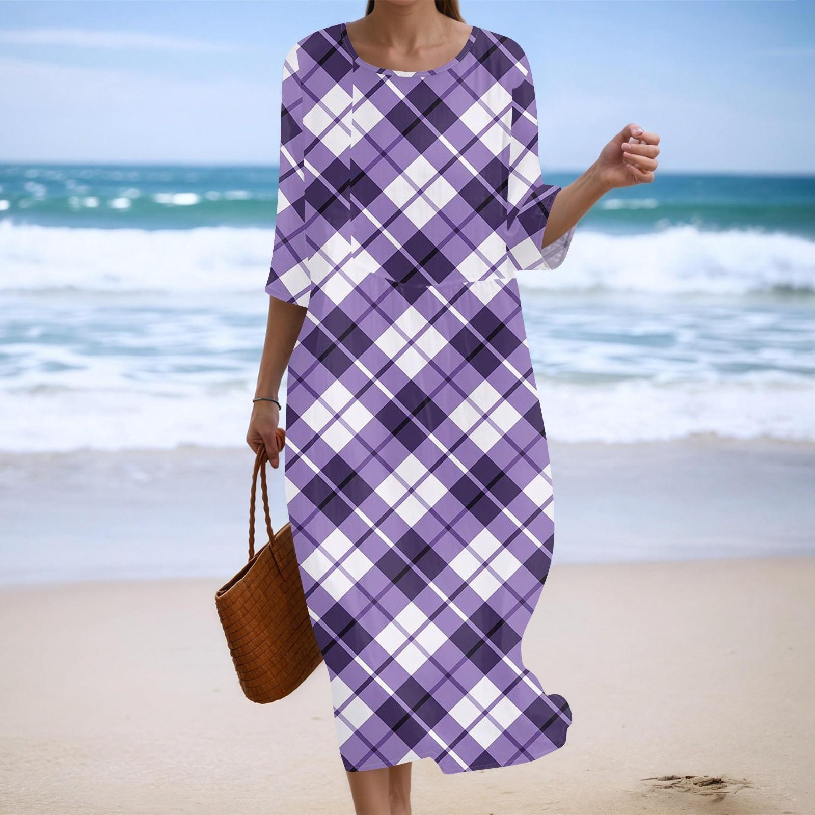 

Женское модное платье свободного кроя с принтом, круглым вырезом и рукавом три четверти M фиолетовый