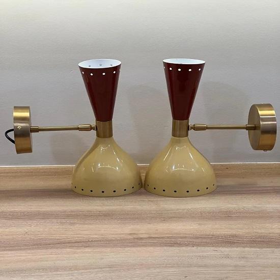 Italian Mid Century Brass Wall Sconce Pair Stilnovo Style Light Set of 2