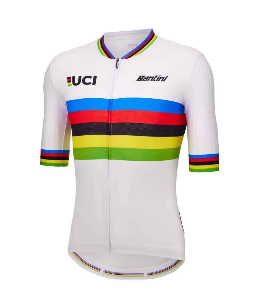 Santini Men's UCI World Champion Cycling Jersey, White with Arc-en-Ciel Stripes