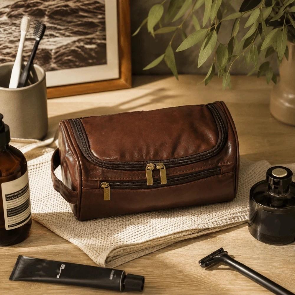 PU Leather Cosmetic Makeup Bag Waterproof Hanging Toiletry Bag Vintage Travel Wash Bag Outdoor