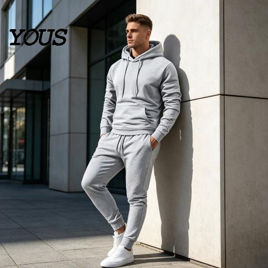Solid Color Tracksuit Hoodie Pants Two Piece Set for Men, Sports Hooded Sweatshirt Men Active Wear & Drawstring Sweatpants, Fall Winter Casual