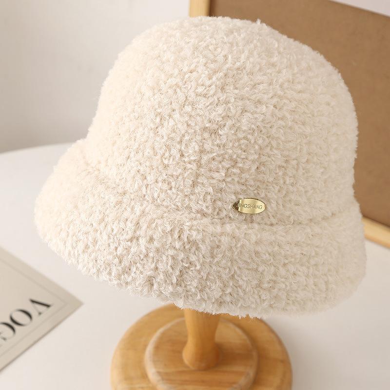 Small Label Thick Simple Lamb Wool Bucket Hat Basin Hat Women's Autumn and Winter Outdoor Warm Windproof Cold Bucket Hat