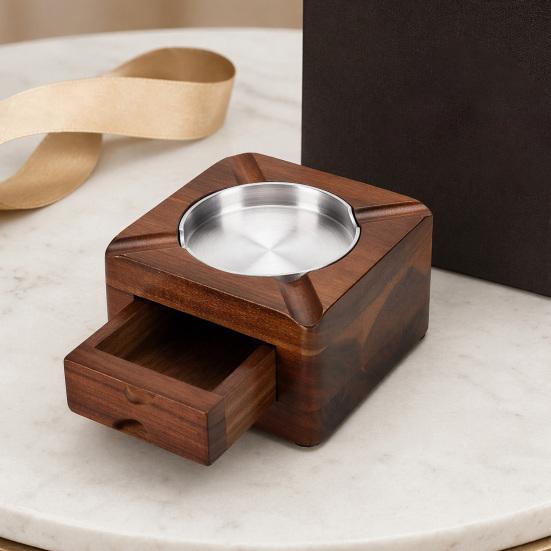 Yousheng Square Wooden Ashtray for Men, Non-slip Ash Holder with 4 Slots & Drawer, High Temperature Resistant Ashtray for Indoor Outdoor