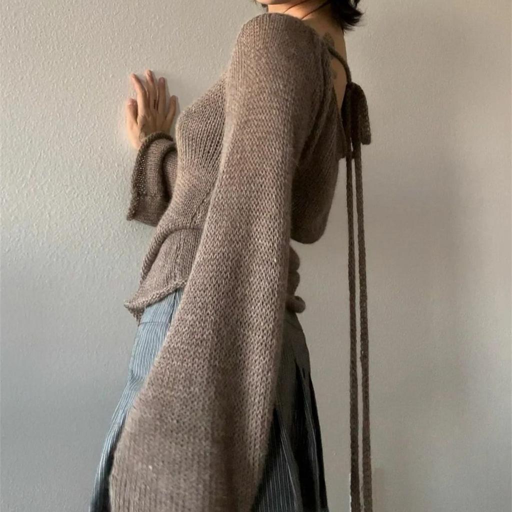 Women's Flared Sleeve Knit Top Fashion Lace Up Backless O Neck Pullover Sexy Solid Long Sleeve Sweaters Casual Tops