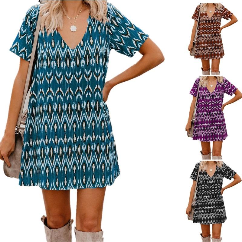 

2022 Y2K Новое модное женское темпераментное свободное платье на весну и лето с короткими рукавами и v-образным вырезом с принтом, женская одежда