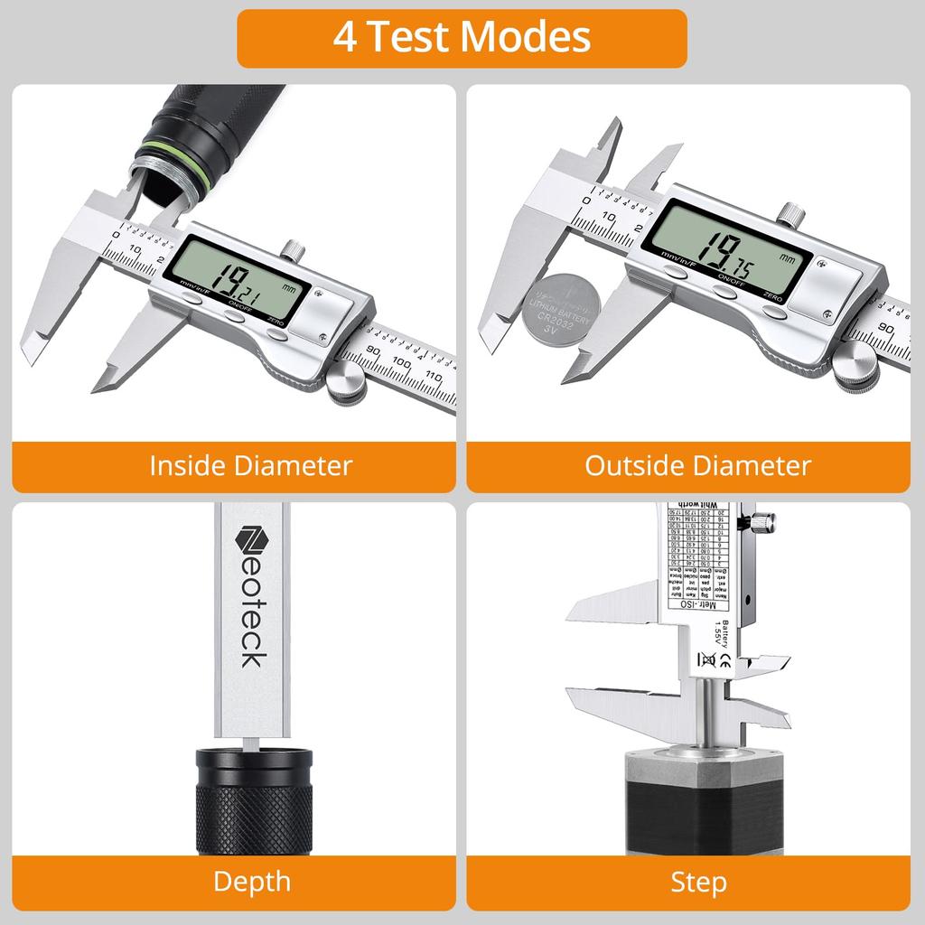 Neoteck 200mm Stainless Steel Digital Caliper with Three Zero Reset for Measuring External and Internal Diameters and Steps Units, Function,