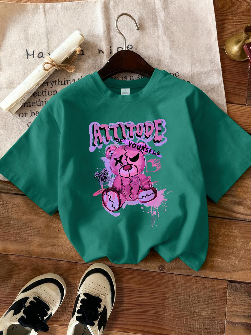 

Pink Cartoon Bear Prints TShirts Women Summer ONeck Short Sleeve Tops Comfortable Loose T Shirt Basics Soft Womans Clothes 4XL