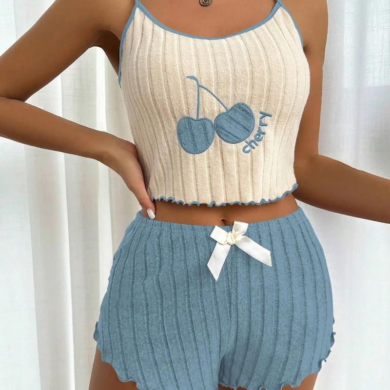 Summer 2pcs Pajamas Set for Women Casual Simple Ground Wool Halter Vest Shorts Set Home Wear Sleepwear Loungerwear