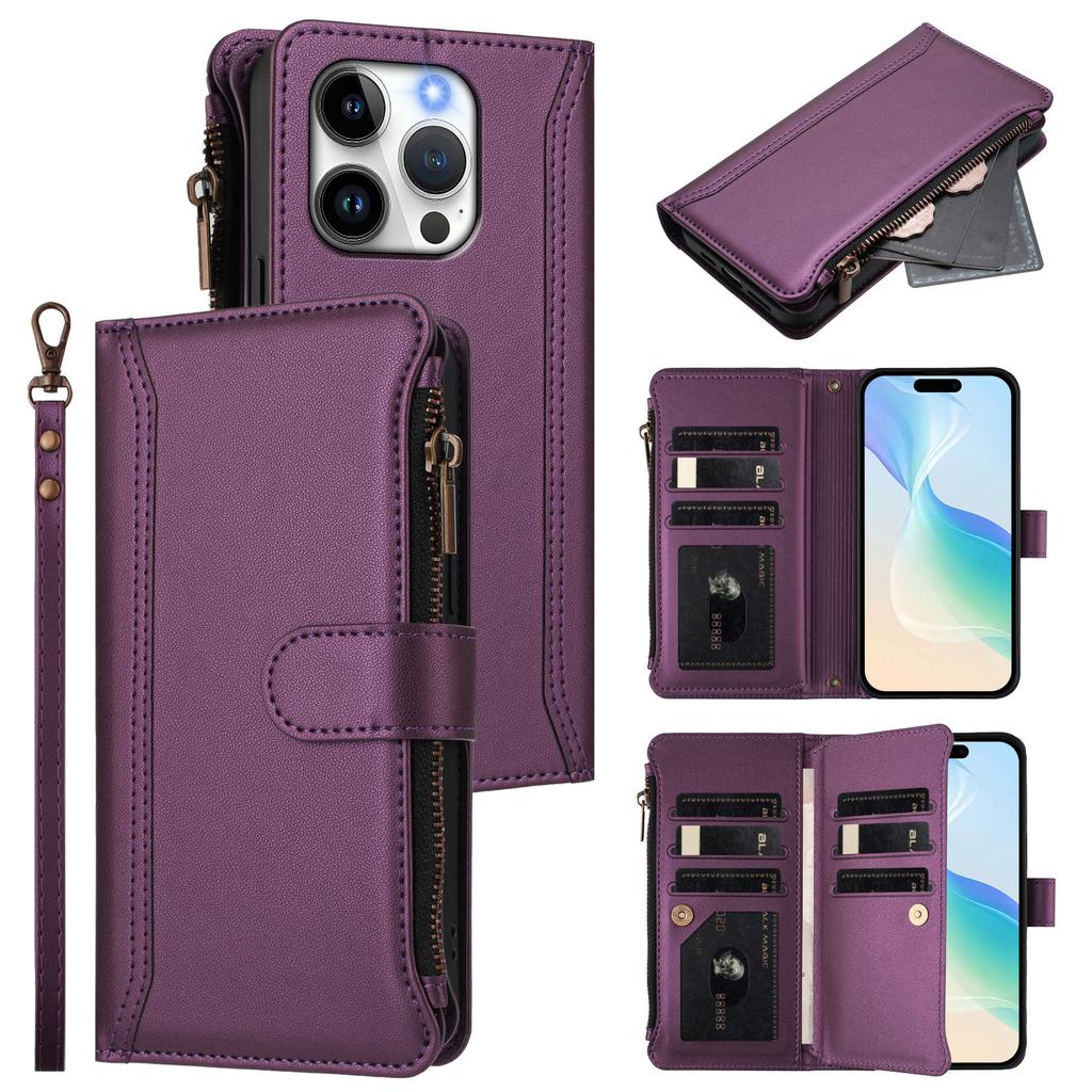 For iPhone 15 Pro Leather Case 9 Card Slots Zipper Wallet Stand Phone Cover with Wrist Strap