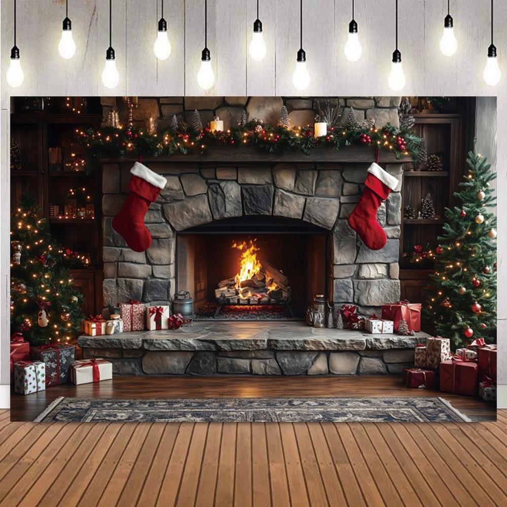 Christmas Indoor Photography Background Fireplace Gifts Socks Xmas Tree Interior Party Birthday Home Decor Photo Backdrop Studio3