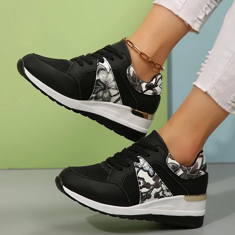 Fashion Fashion Printed Wedge Sneakers for Women Lightweight Breathable Running Sports Shoes Woman Comfortable Non Slip Casual Sneakers