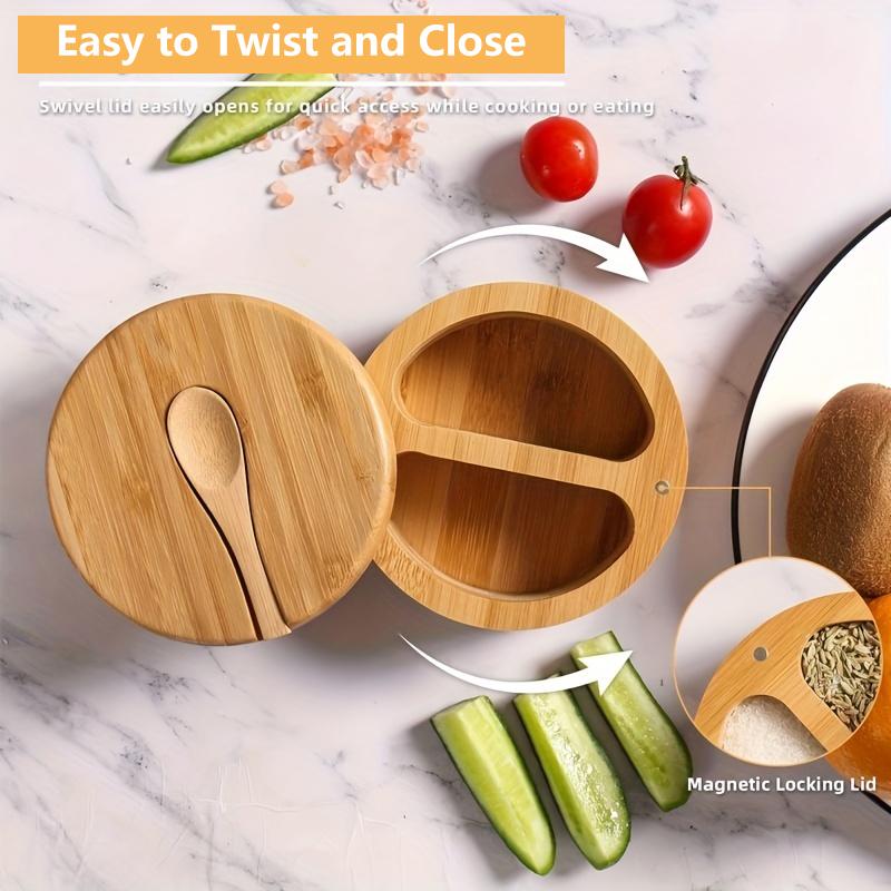 Bamboo Seasoning Box With Spoon Rotating Cover Spice Box Seasoning Container Sugar Salt Pepper Jar Condiments Picnicking Gadget