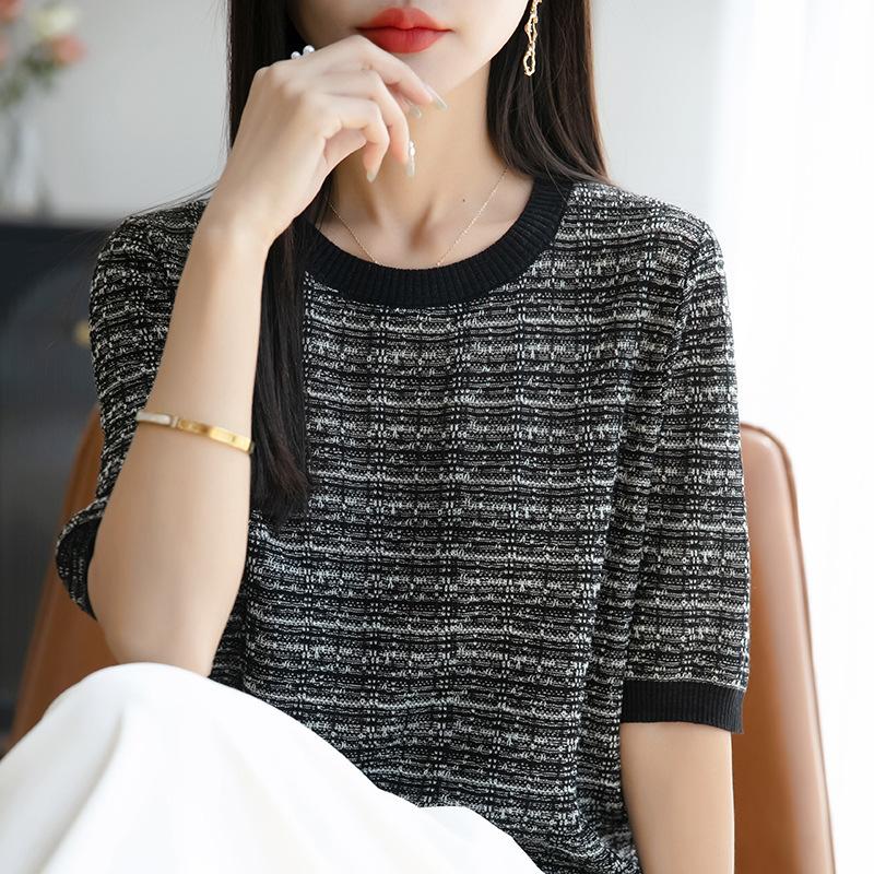 New Summer Women's Knitted Sweater with A Round Neck Thin and Color-blocked Short-sleeved T-shirt