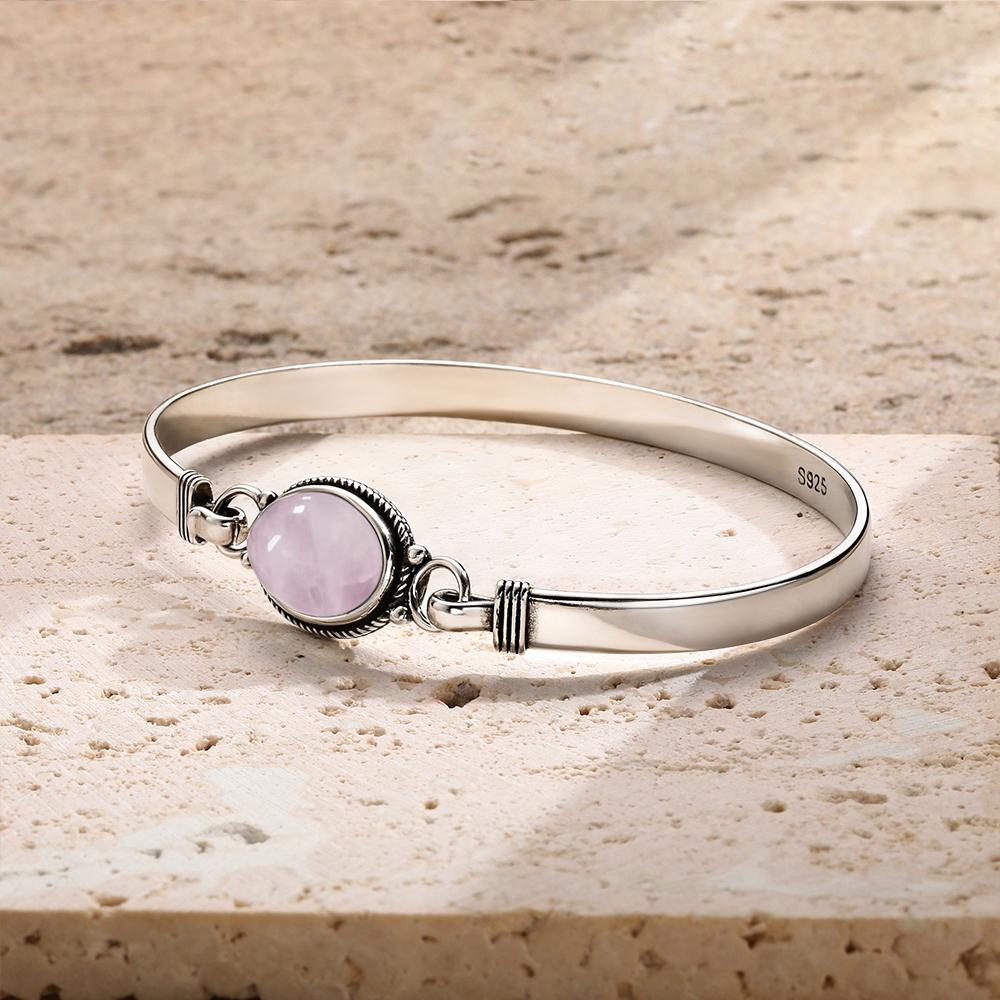 Vintage 925 Silver Natural Rose Quartz Bangle Handmade Oval 10*14mm Pink Natural Stone Bracelets Gifts Fine Jewelry for Women
