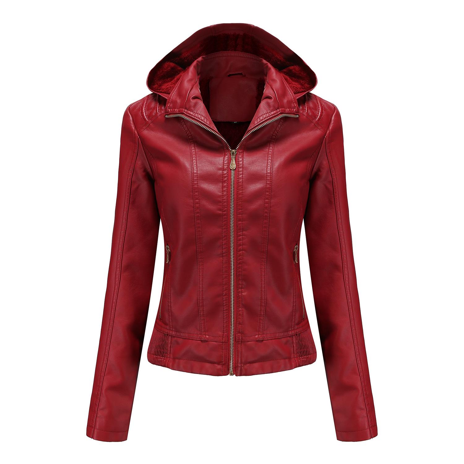 

Женская приталенная кожаная куртка с капюшоном на осень/зиму - съемный капюшон, молния, длинные рукава, плюш, европейские размеры, трансграничная доставка.