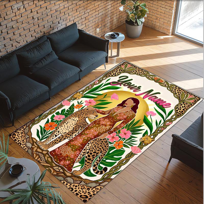 Leopard Theme Crystal Velvet Floor Rug Personalized Custom Name Text Warm Carpet Home Decoration