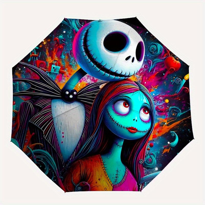 1 Auto Open Jack Skellington, Sally Themed Colorful 8 rib Portable Umbrella for Men and Women, A Compact Commuting Companion Suitable for Da