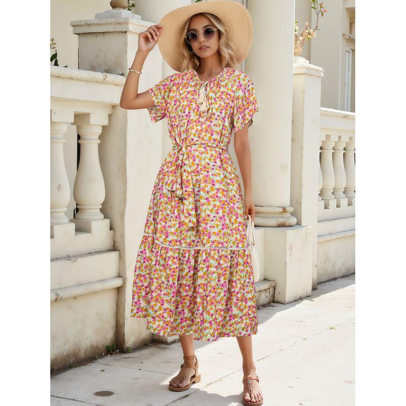 

Sweet Summer New Pastoral round Neck Floral Lace-up Rayon Hollow Lace Patchwork Frill Short sleeve Dress Rose Red S