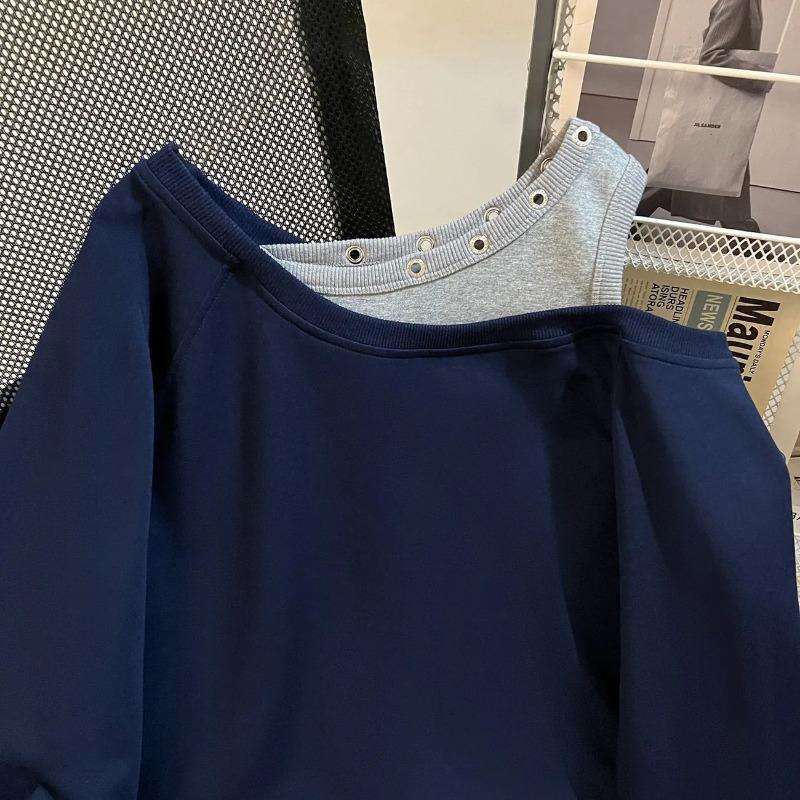 Sweatshirt for Women Cotton Oversize Faux Two-piece Loose Round Neck Casual Pullover Long Sleeve Winter Sweatshirt Top