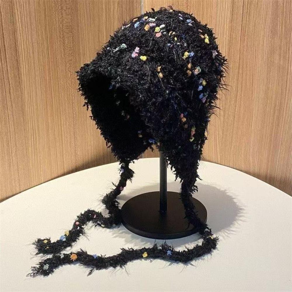 

Big Head Round Furry Knitted Hat Keep Warm Winter Cap Fashion Ear Protector Hat чорний