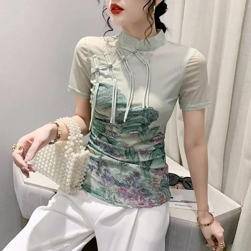 Women s Light Green Chinese Style Landscape Print Frog Button Sheer Mesh Short Sleeve Blouse S светло-зеленый