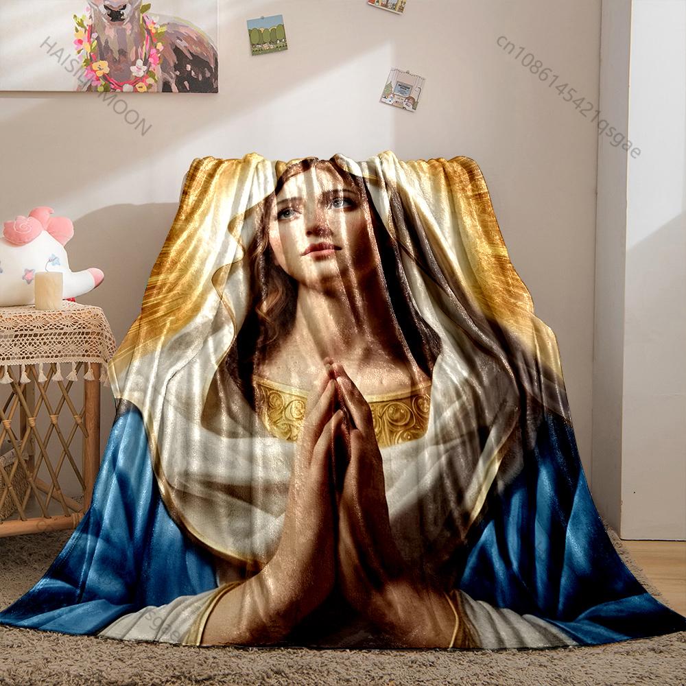 1PC Woman Praying with Halo Print Blanket Warm Soft Fluffy Kids and Adult Sofa Bed Throw Blanket Outdoor Travel Camping RV
