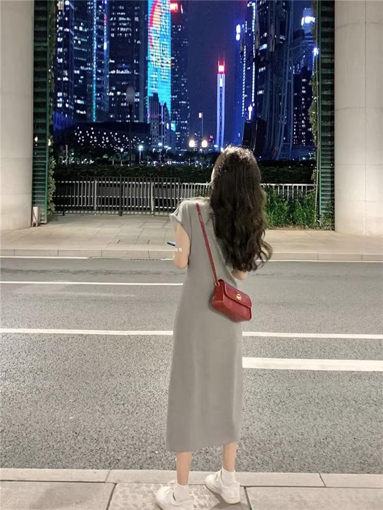 Women's Gray Slit T-Shirt Dress: Summer Slimming Waist-Cinching Short Sleeve Casual Maxi Dress