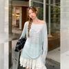 Blue Round Neck Cool Thin Slightly Transparent Blouse Women's Summer Loose Pleated Design Large Version Lazy 