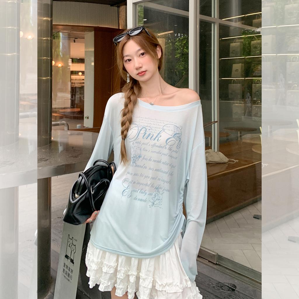 Blue Round Neck Cool Thin Slightly Transparent Blouse Women's Summer Loose Pleated Design Large Version Lazy
