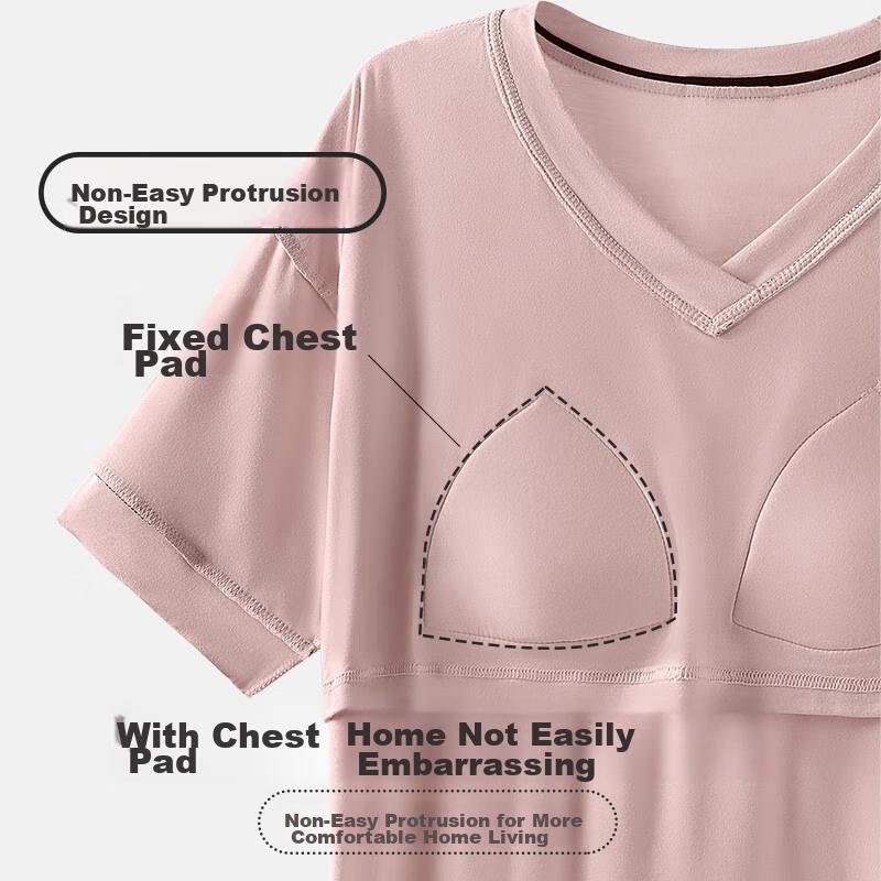 LangSha Women's Nightgown with Built-In Chest Pads, Short-Sleeved Thin Sleepwear, Summer Loungewear, Can Be Worn Outside As A Dress