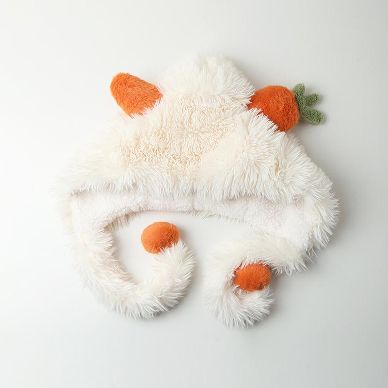 Carrot Plush Strap Lei Feng Hat for Women In Autumn and Winter New Thickened Warmth and Cold Protection Ear Protection Versatile Pullover Hat Cute
