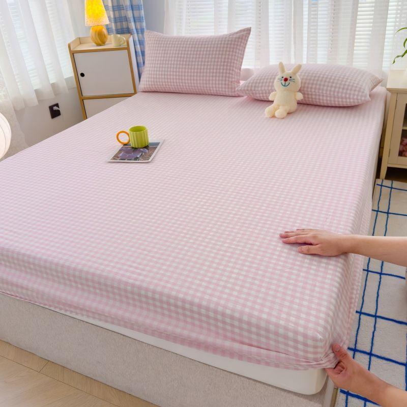 Japanese Style Washed Cotton Checkered Bed Sheet Three Piece Set, Fully Wrapped Bed Sheet, Non Slip Single Piece, Simmons